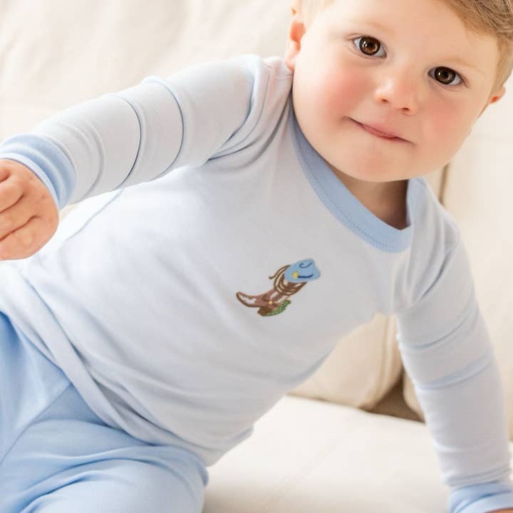 Boots and Blooms Long Pajamas - Light Blue for wholesale by Magnolia Baby