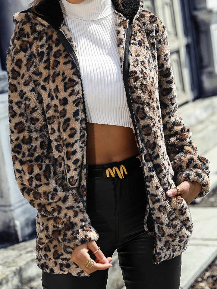 LEOPARD Fuzzy Leopardmönstrad jacka med dragkedja för wholesale på Faire