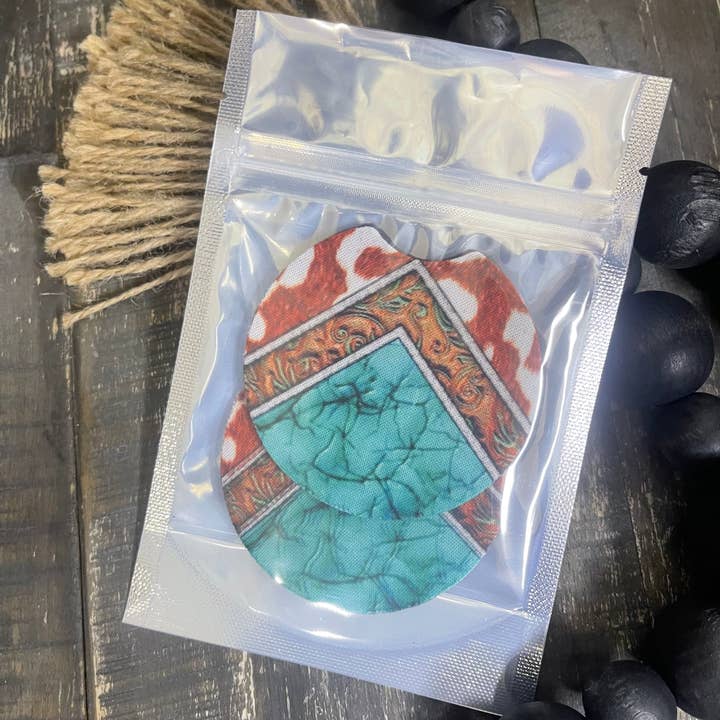 Pink August - Wholesale Car Coaster - Women's - Turquoise Stone & Cow Print Car Coasters 1