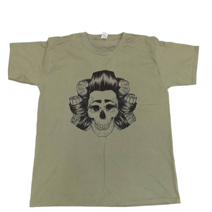 Scouse Bird Shop – wholesale Screen printed t-shirt – Women′s – Scouse Bird In Rollers Skull T-shirt