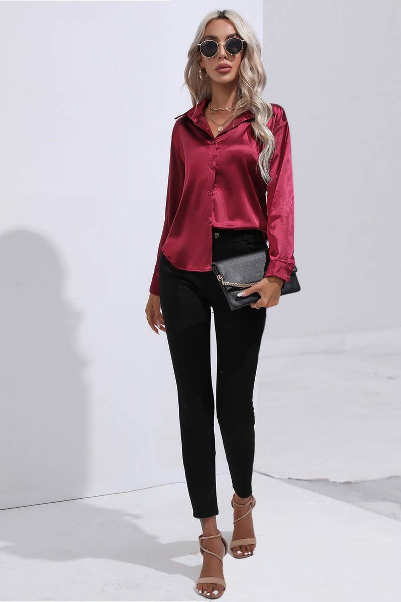 NINEXIS - Wholesale Button Down Shirt - Women's - CWTBLL0690_Button Down Silky Satin Long Sleeve Top12