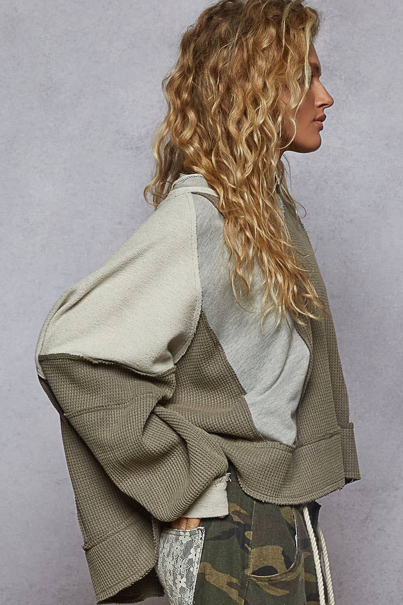 Pol Clothing - Wholesale Knit Top - Women's - Notched Neck Contrast Fabric Basic Long Sleeve Top SALE17