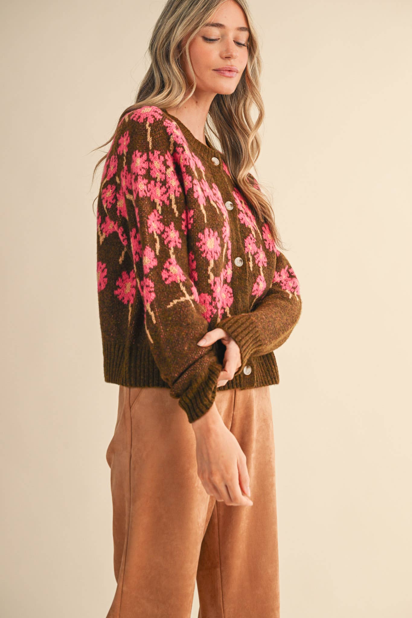 &MERCI - Wholesale Cardigan - Women's - FLORAL KNIT BUTTON DOWN SWEATER CARDIGAN MSW1123845