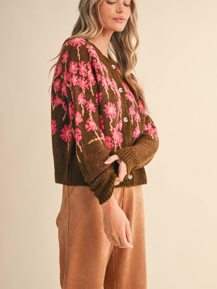 &MERCI - Wholesale Cardigan - Women's - FLORAL KNIT BUTTON DOWN SWEATER CARDIGAN MSW1123834