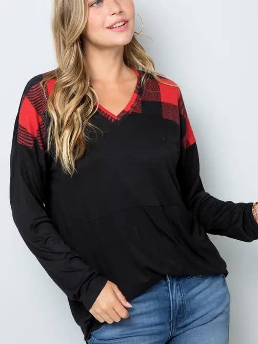 COLOR BLOCK LONG SLEEVE TOP w PLAID CONTRAST -CT43654 for wholesale by ClickPuff