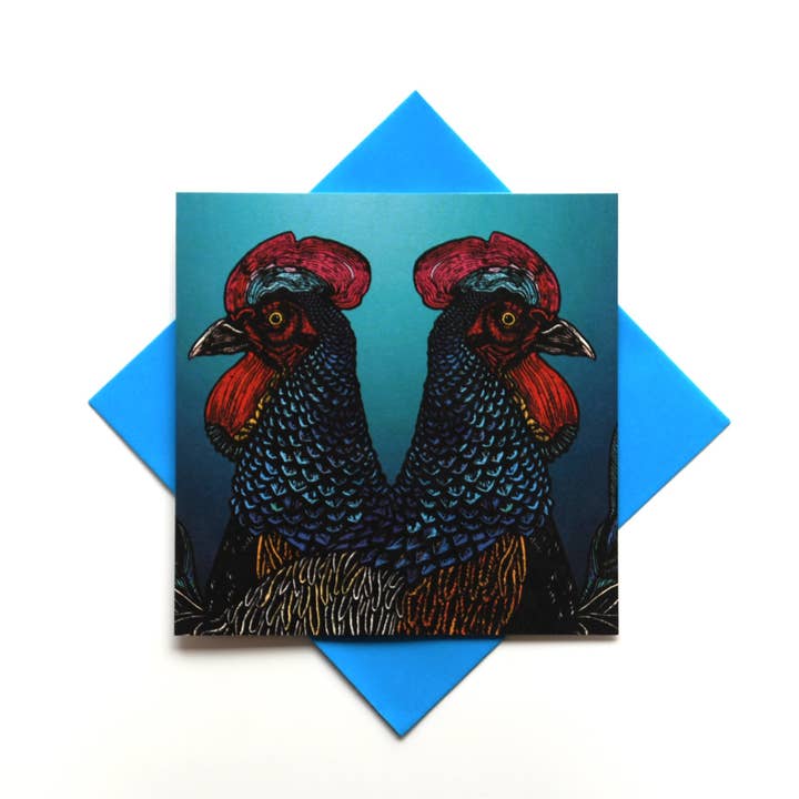 Blank Greeting Card - Pair of Green Junglefowl for wholesale by Rachel Meehan, pictures and words...