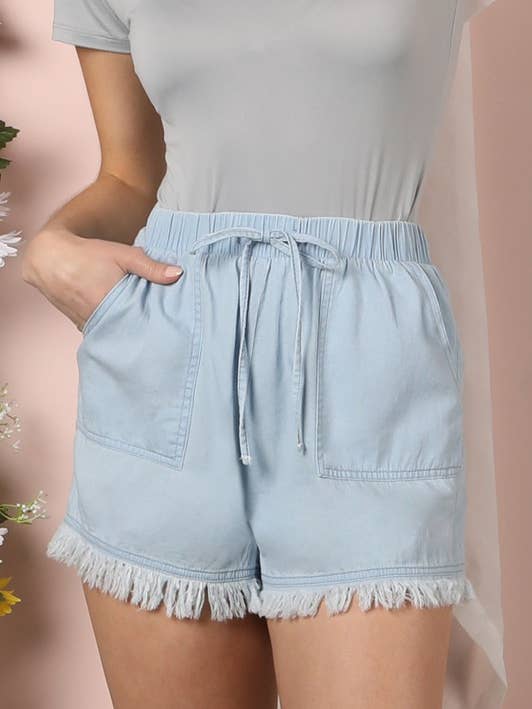 CWBSP154_Mini Fringe Hem Shorts with Drawstring Waist for wholesale by NINEXIS
