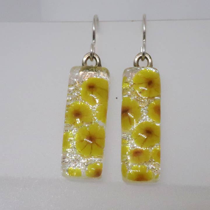 Yellow daisy Sterling silver dichroic glass earrings #413 for wholesale by McCray Studios
