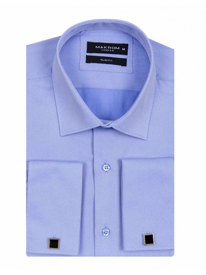 Blue Casual Twill Double Cuff Long Sleeve Shirt for wholesale by Makrom