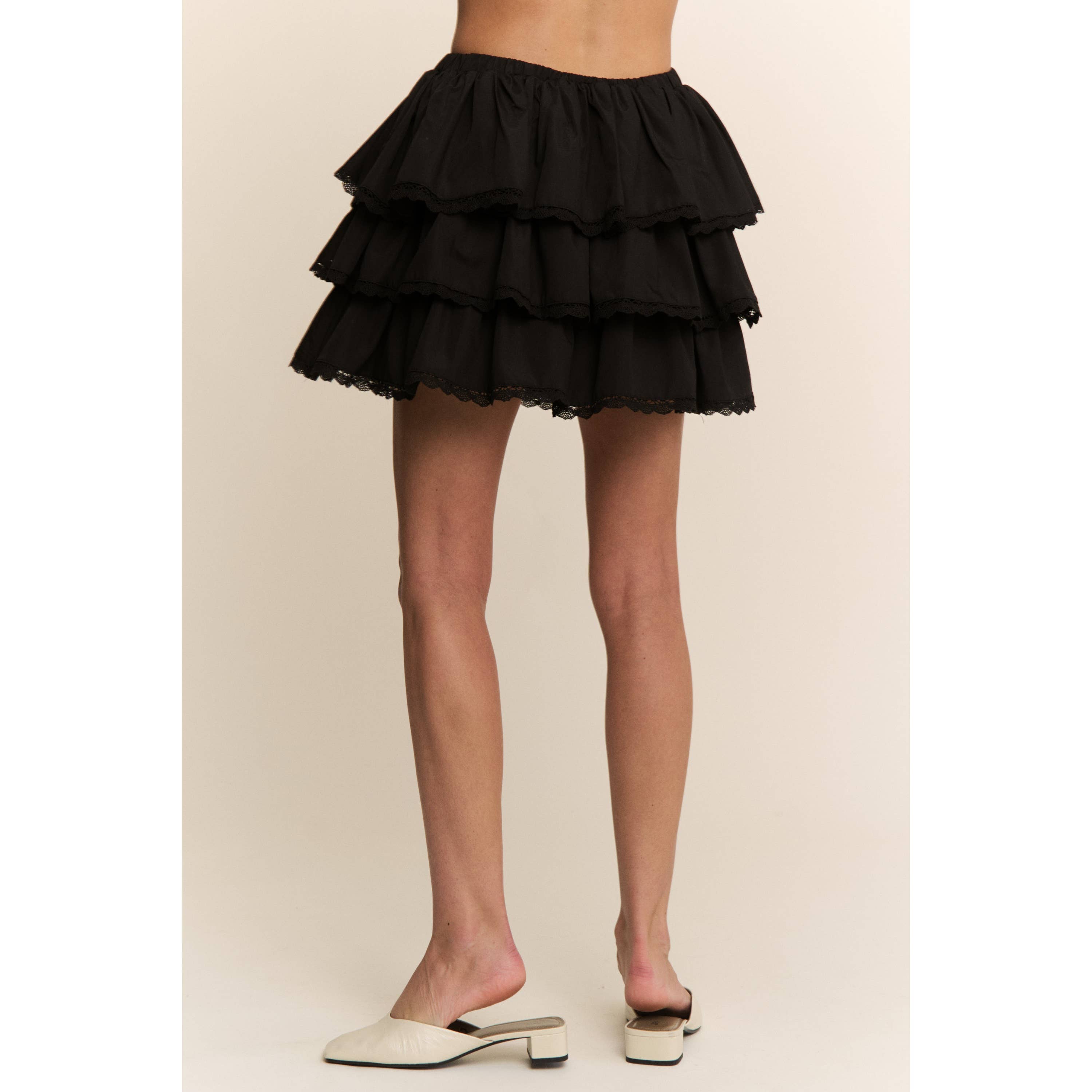 Black WESTERN SOLID MINI TIERED SHIRRING SKIRT SKORT for wholesale on Faire10