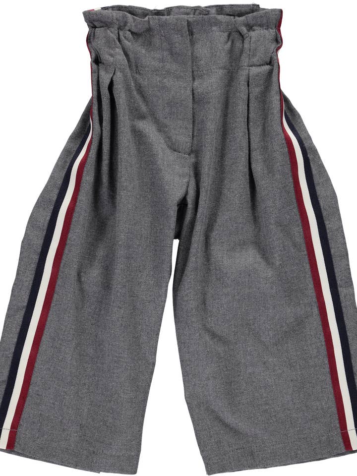 Wide gray pants with striped tape on the sides for wholesale by Piccola Speranza