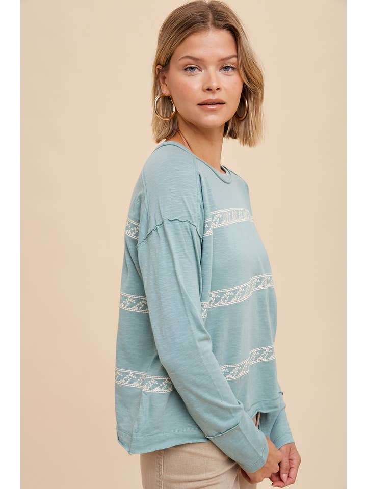 In Loom - Wholesale Blouse - Women's - FLORAL EMBROIDERY STRIPED TEE