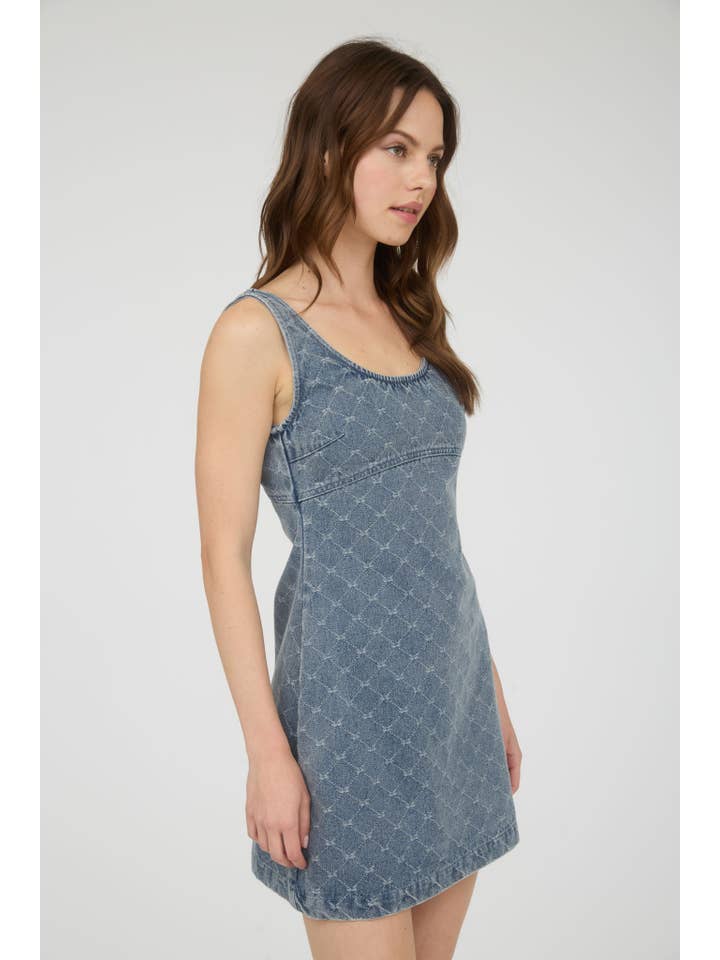 BOW PATTERN SLEEVELESS DENIM MINI DRESS for wholesale on Faire2