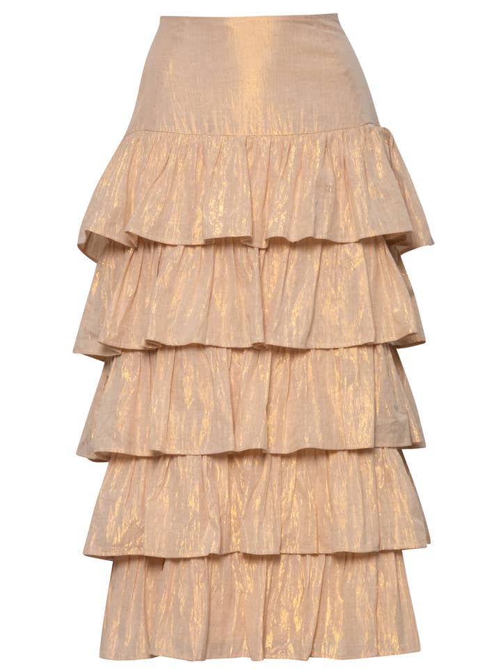 Gold Maxi Skirt Ruffles Cascading Skirt Midi Women’s for wholesale by Carolina Benoit
