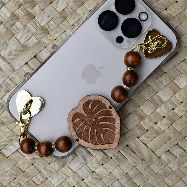 Handmade Wood Engraved Beaded Phone Grip Strap for wholesale by Revel Sun Hawai'i