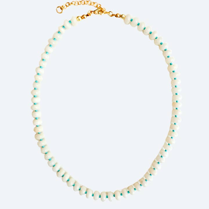 Light Peach Rondelle Beaded Necklace with Blue Beads for wholesale by London Crafted