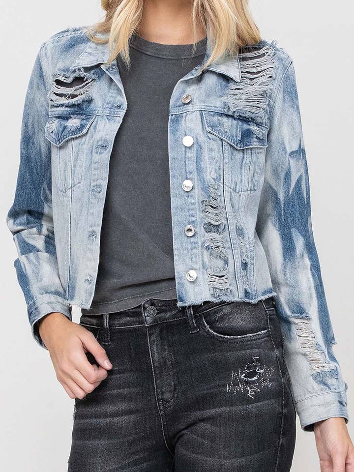 RIGID CLASSIC CROP DENIM JACKET W BLUE TIE DYE VT956 for wholesale by VERVET by FLYING MONKEY