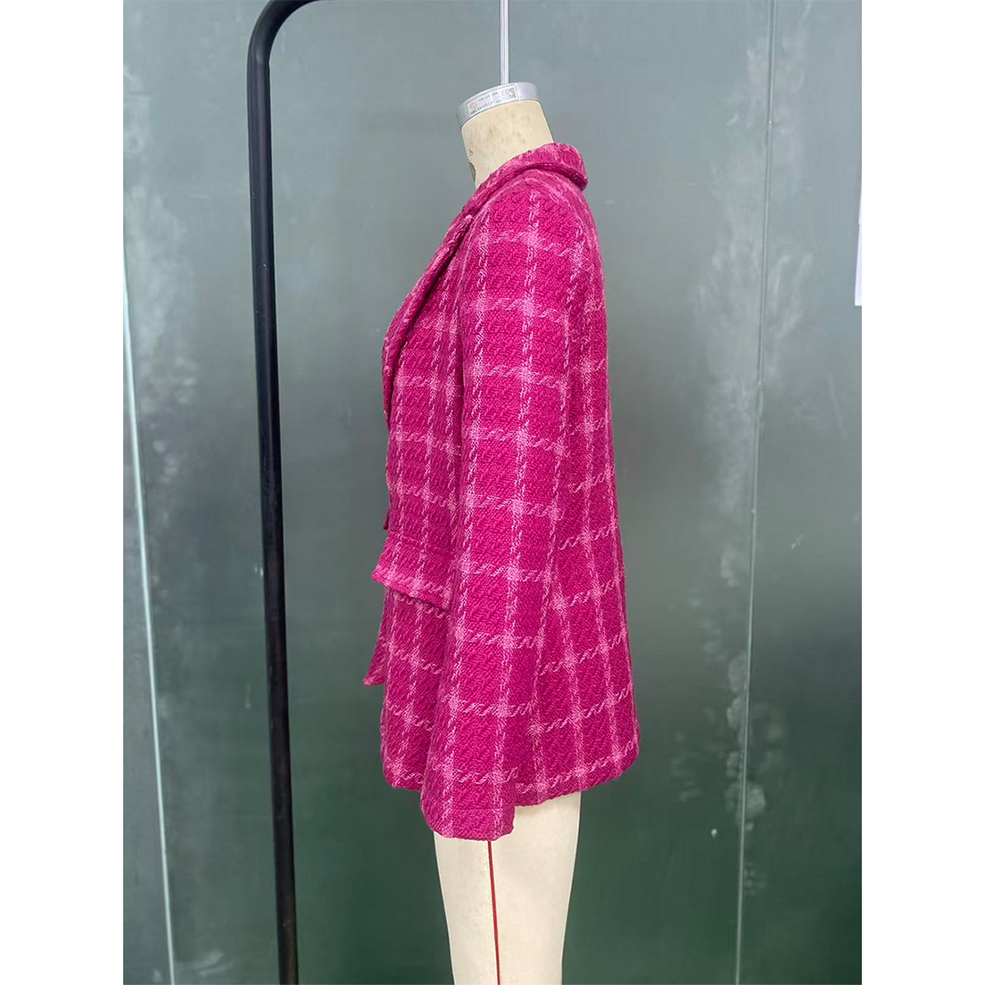 Rose Red Fall Winter Plaid Knit Cardigan Mid-Length Jacket ZK3677 for wholesale on Faire6