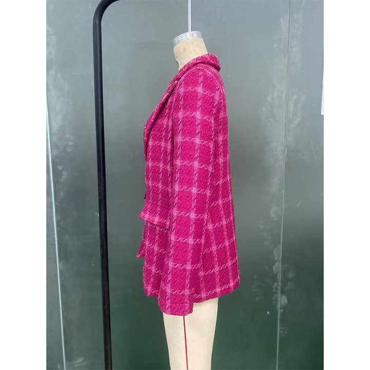 Rose Red Fall Winter Plaid Knit Cardigan Mid-Length Jacket ZK3677 for wholesale on Faire6