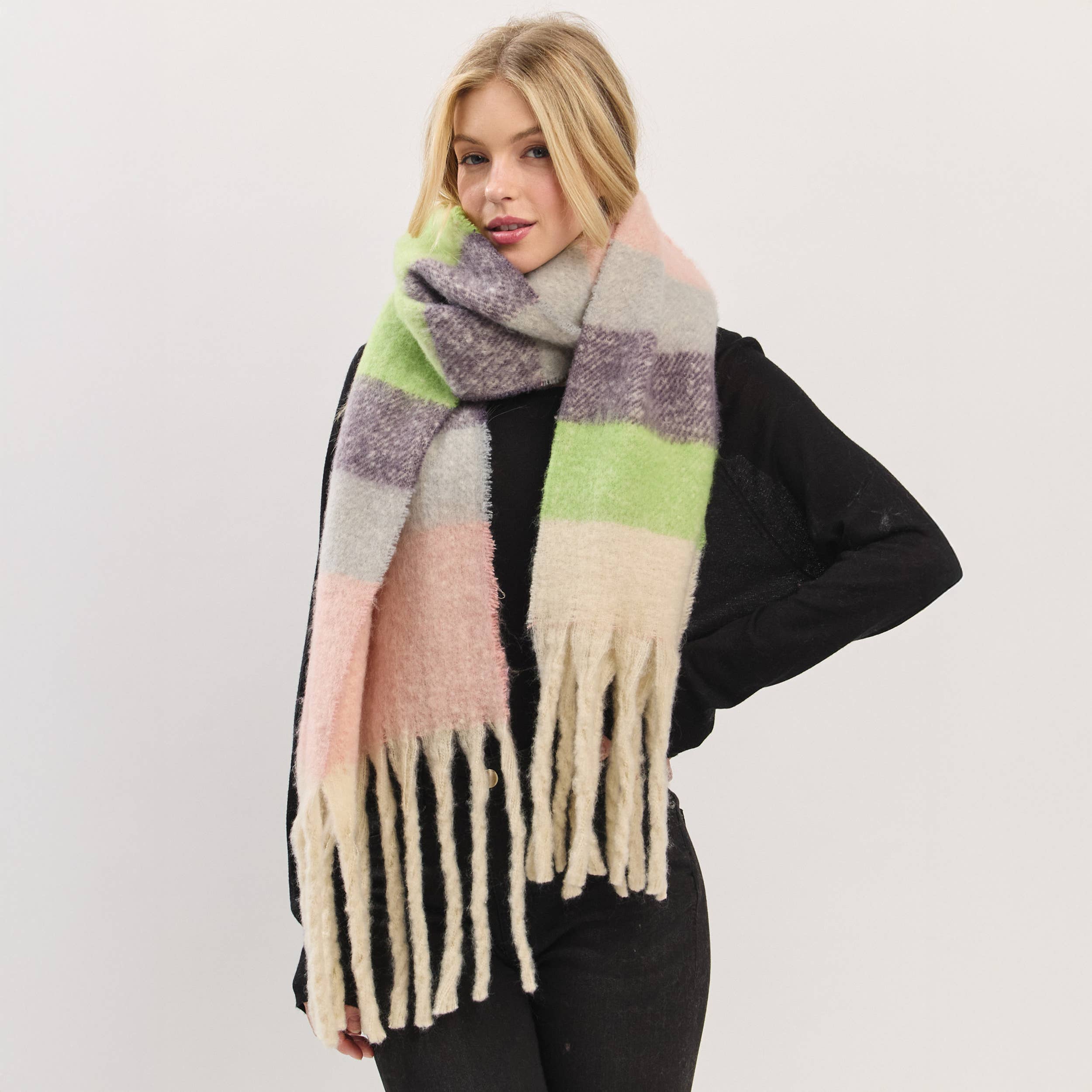 Hana - Wholesale Scarf - Women's - Multi Color Striped Brushed Fringed Winter Scarf14