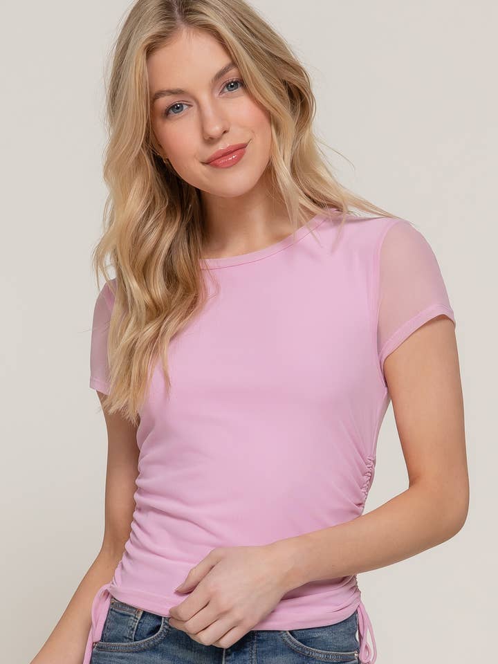 Active Basic | Active USA - Wholesale Knit Top - Women's - Short Sleeve Round Neck Side Ruched with Shirring Mesh Top
