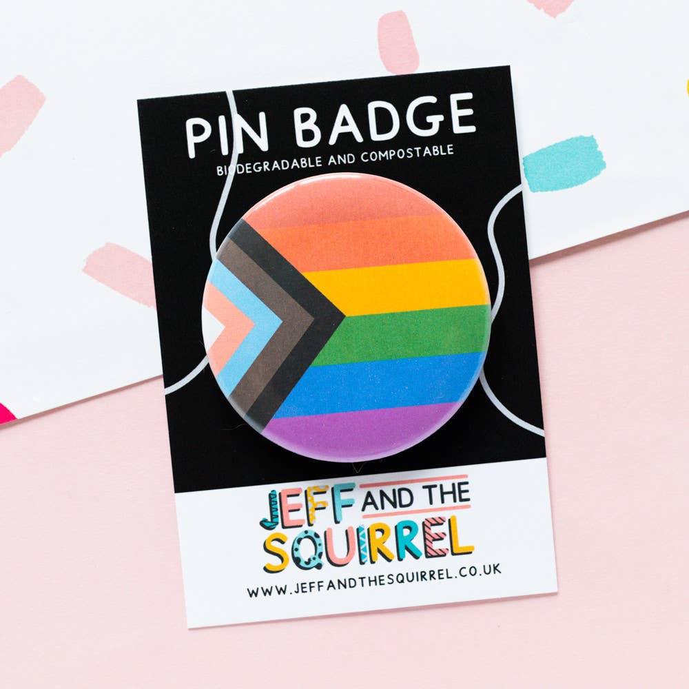 Jeff and the Squirrel – wholesale Badge accessory – Women's – Progress Gay Pride Flag Biodegradable Badge | LGBTQ+1