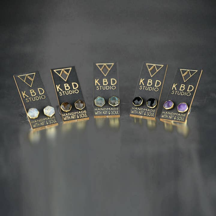 KBD Studio - Wholesale Stud/Post Earrings - Semi Precious Hexagon Gemstone Studs (8mm gold)14