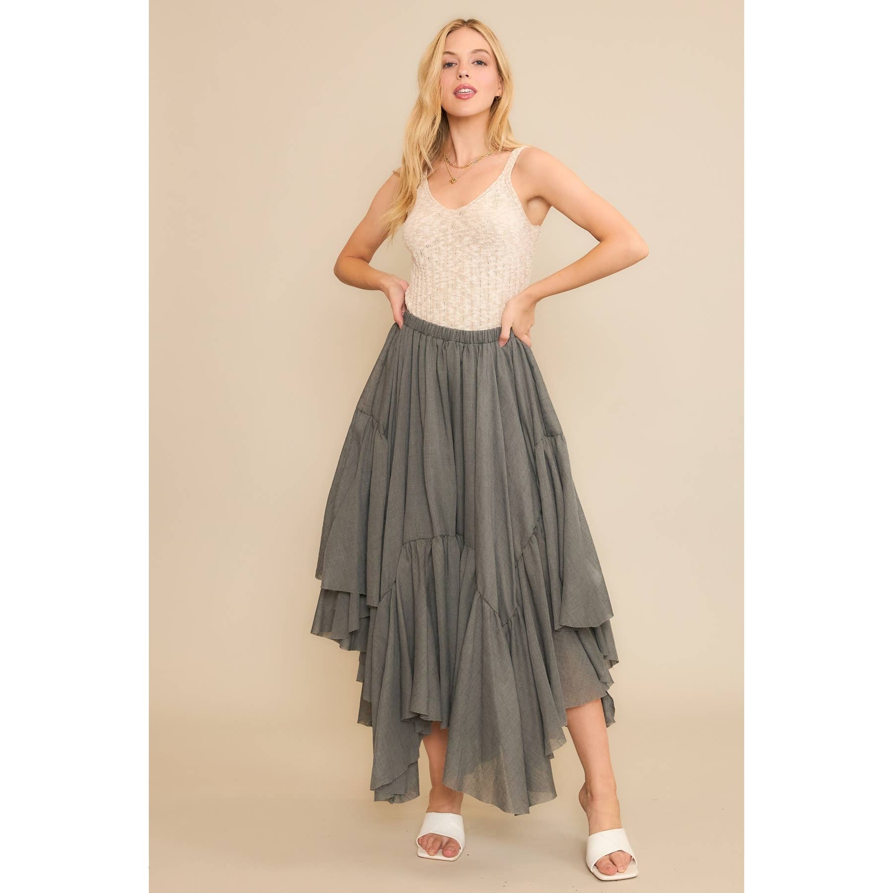 Sweet Generis - Wholesale Skirt - Women's -  Asymmetrical Raw-Edge Ruched Skirt - Charcoal1