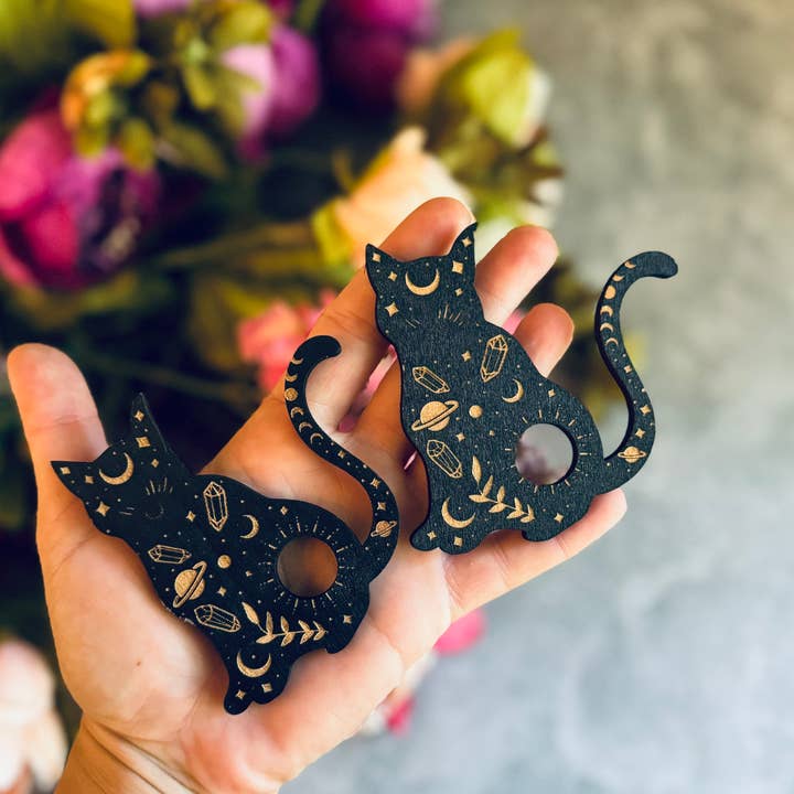 Mandala Gems - Wholesale Decorative Tabletop Object - Black Cat Mini Crystal Sphere Stand, Witchy Crystal Holder, Mystical Cat Decor, Crystal Display Stand