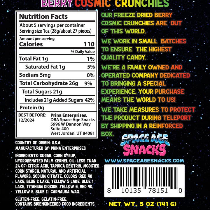 Space Age Snacks - Vente Bonbons durs - Crunchies cosmiques aux baies lyophilisées (5 onces)