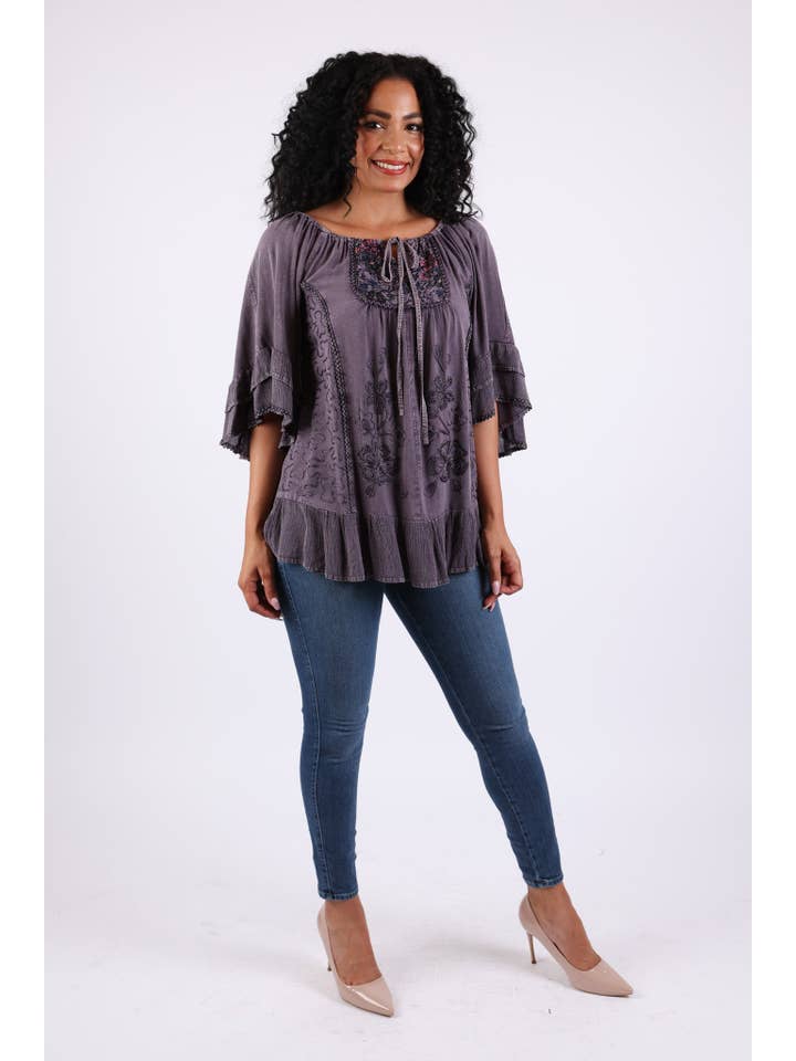 Sacred Threads - Wholesale Blouse - Women's - Embroidered Boho Peasant Blouse: Ruffle Bell Sleeves Top6