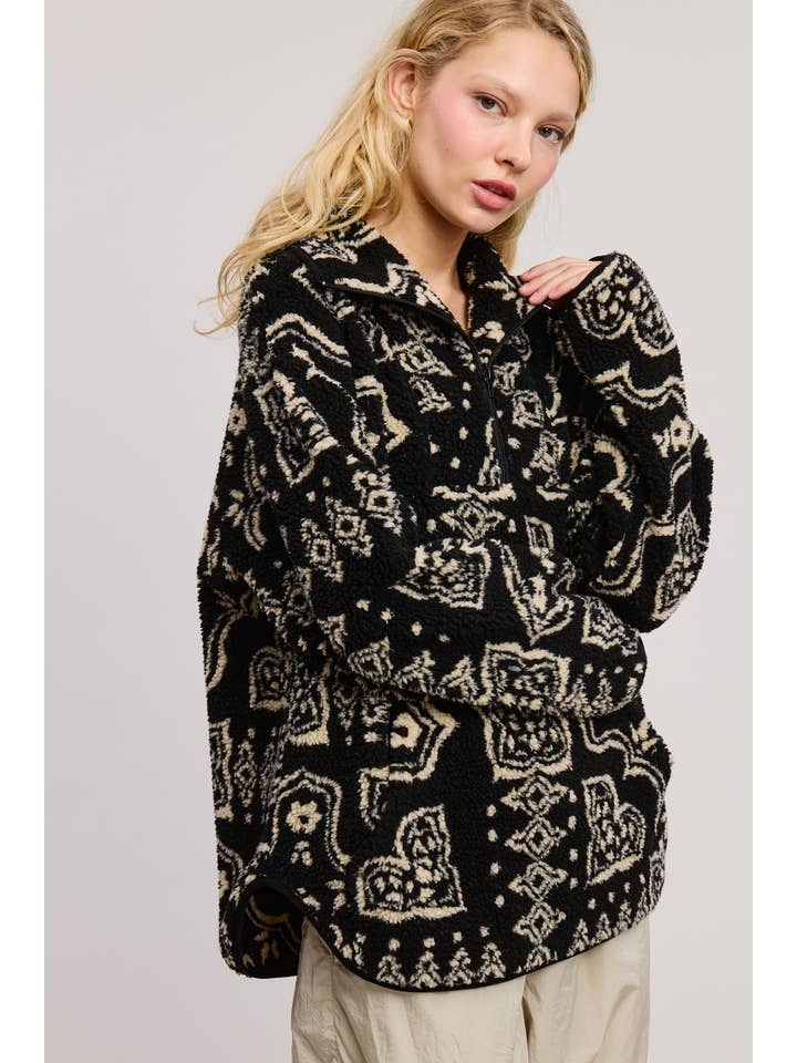Black Paisley Patchwork Print Sherpa Pullover for wholesale on Faire