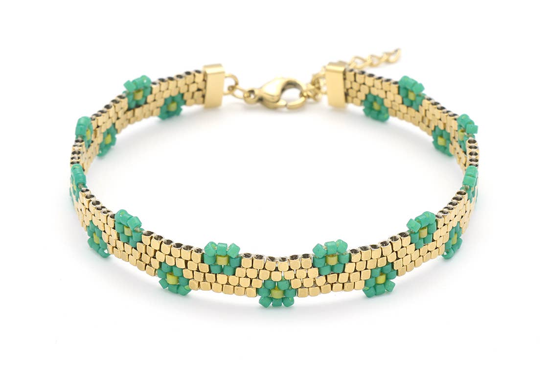 Bijoux 7bis - Vente Bracelet de perles - Bracelet acier tissage perles de verre motifs petites fleurs3