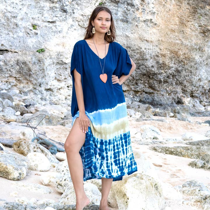 Suzie Blue Canada - Wholesale Kaftan - Women's - Beach Stripe & Tie Dye Kaftan In Blue