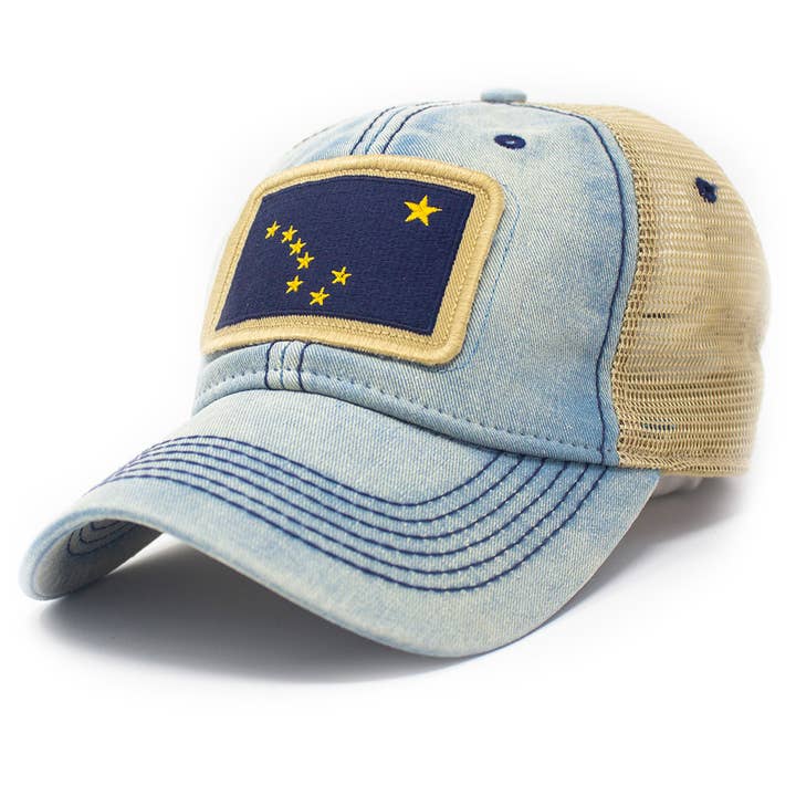 Alaska Flag Patch Trucker Hat, Americana Blue for wholesale by S.L. Revival Co.