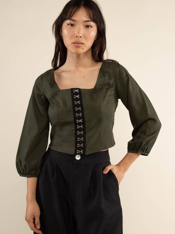 Hunter Green Hook & Eye Corset Crop Top for wholesale on Faire