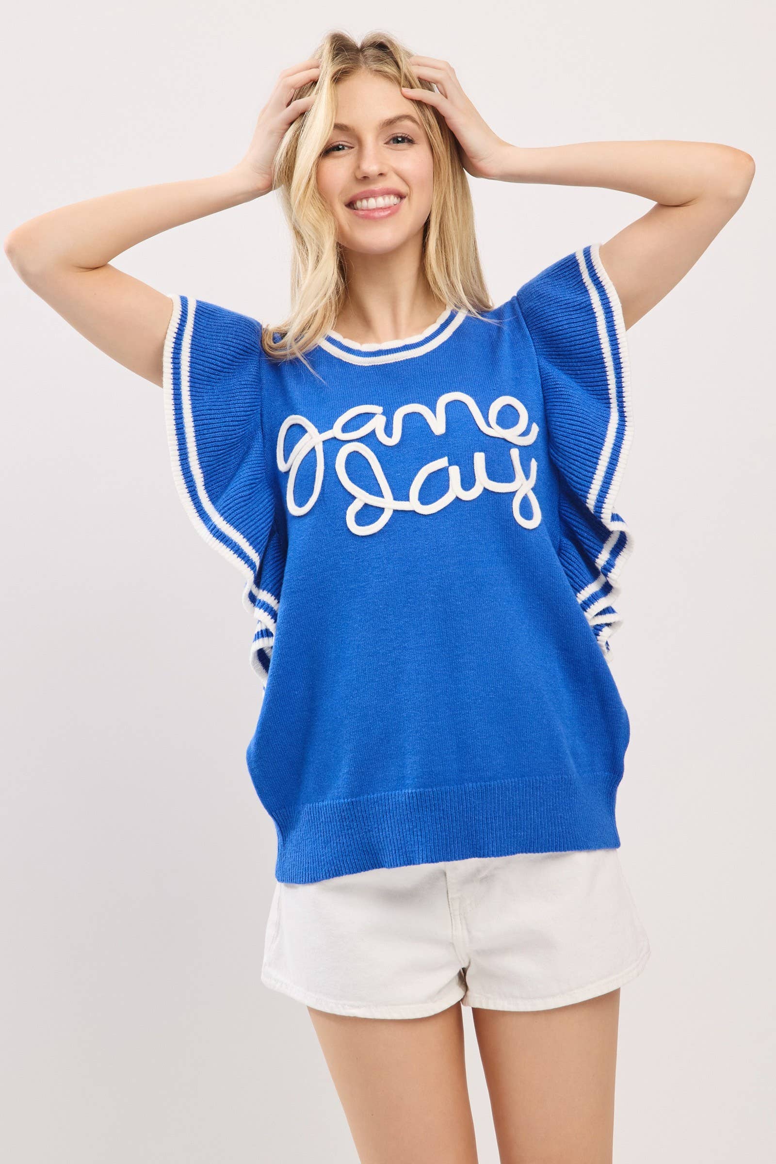 Sewn and Seen - Vente Haut en maille – femme - Haut en maille de jour de match à manches volantées style universitaire12