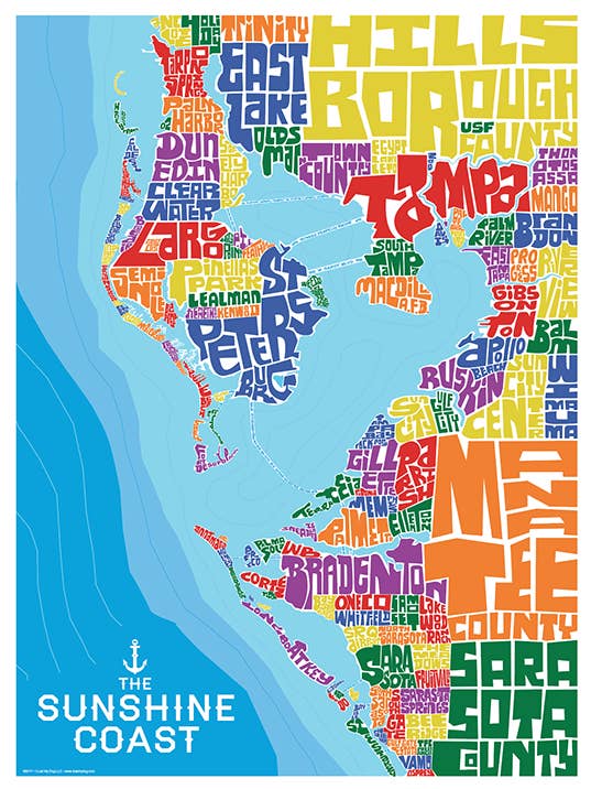 Tampa Bay - St. Pete Typography Map for wholesale by LOST DOG art & frame