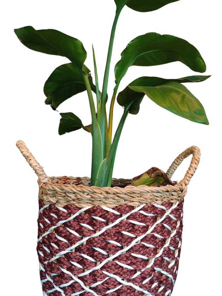XL HANDWOVEN Red JUTE Planter WITH Liner for wholesale by Creation Jute USA