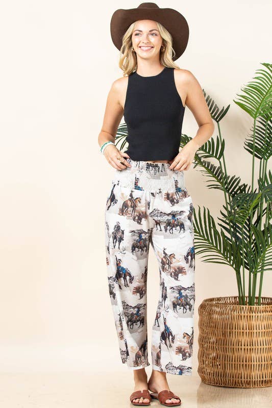 Khaki Multi AV1243-LEO WESTERN PRINT ELASTIC SMOCK WAIST WOVEN PANTS for wholesale on Faire3