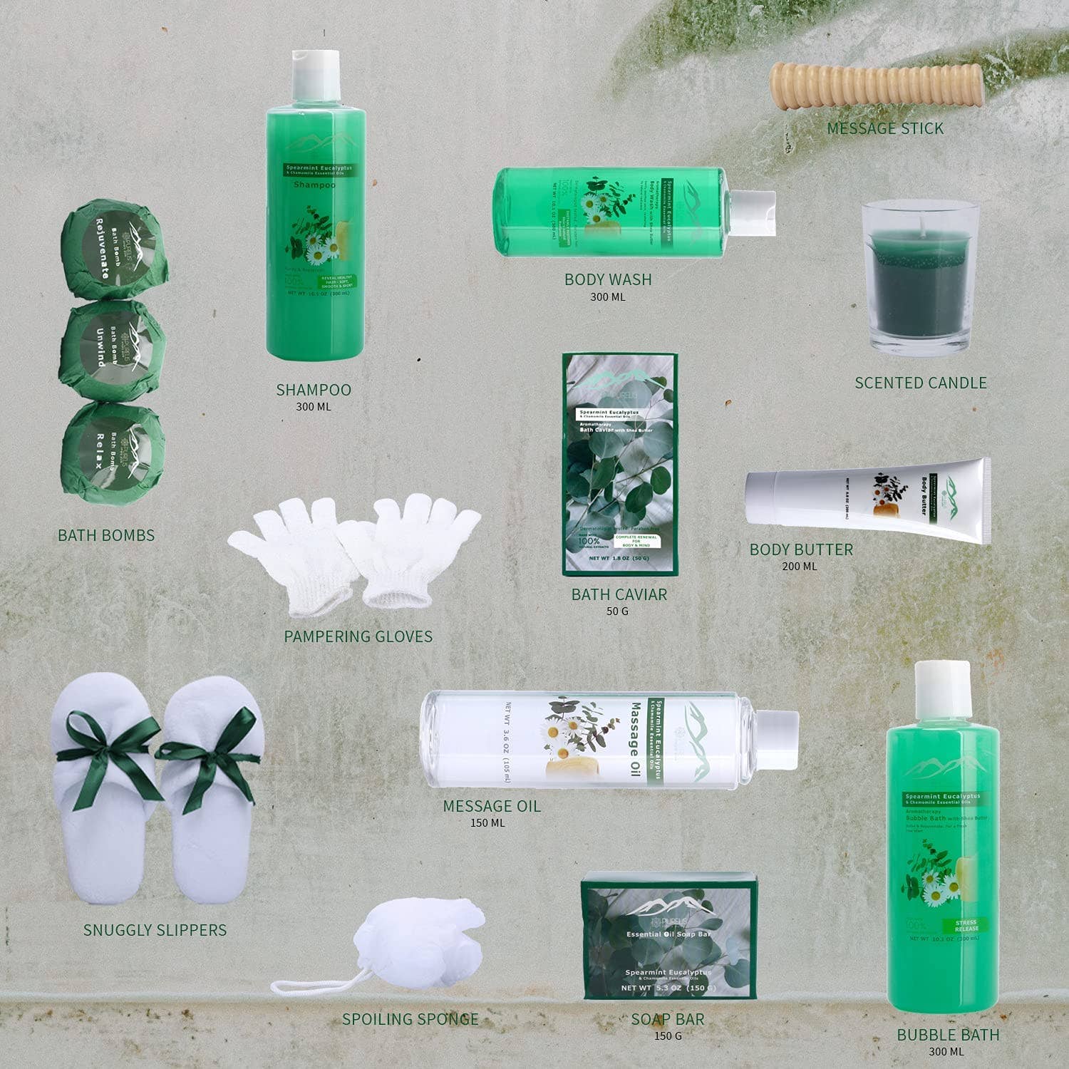 Pure Parker - Vente Set de bain et corps - Panier-cadeau de bain 16 pièces à l'eucalyptus menthe verte1