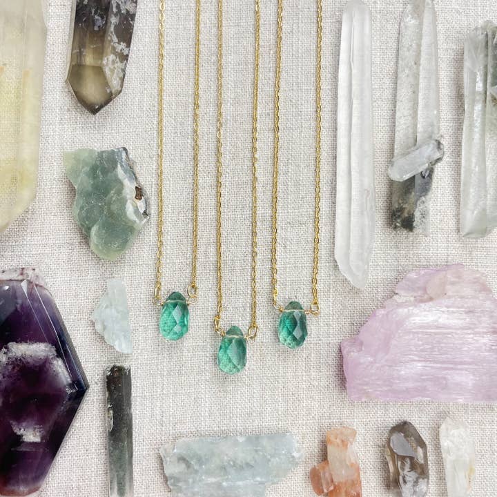 Ewelina Pas Jewelry - Wholesale Pendant/Charm Necklace - Green Fluorite Faceted Briolle Drop Delicate Necklace