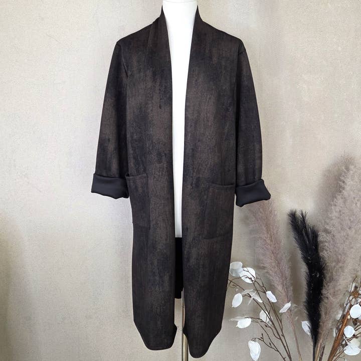 Smart scuba style fabric long jacket with subtle gold print and pockets (M-L) for wholesale by Tempest Designs