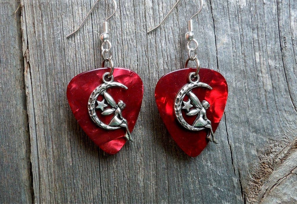 Simply Raevyn - Wholesale Dangle Earrings - Fairy on the Half Moon Charm Guitar Pick Earrings5