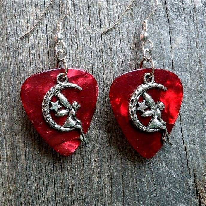 Simply Raevyn - Wholesale Dangle Earrings - Fairy on the Half Moon Charm Guitar Pick Earrings5