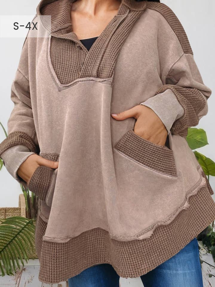Waffle Contrast Patchwork Plus Size Pocketed Hoodie (S-4X) for wholesale by 66DISCO