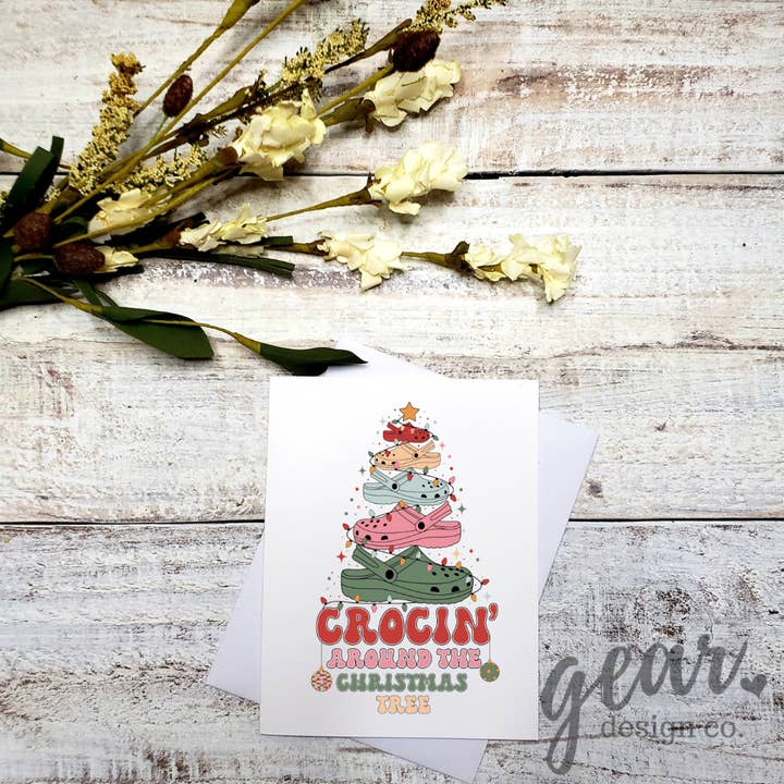 Crocin' rundt om juletræet-kort for engroshandel hos Gearhart Design Co.
