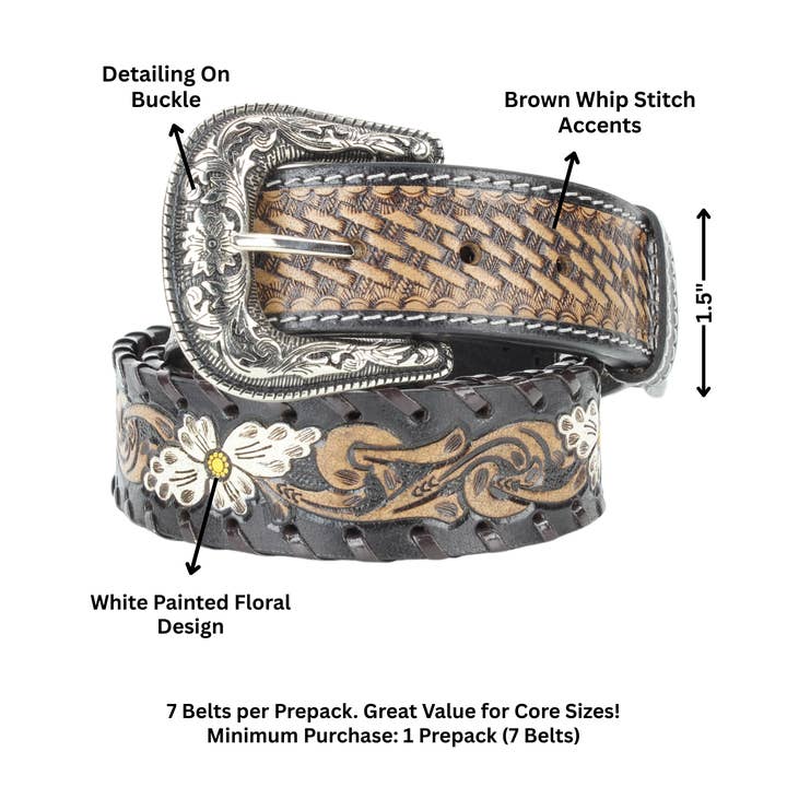 Leather Impressions Inc - Wholesale Belt - Women's - Floral Belt | White Painted Flowers & Whipstitch ABB-14-1211
