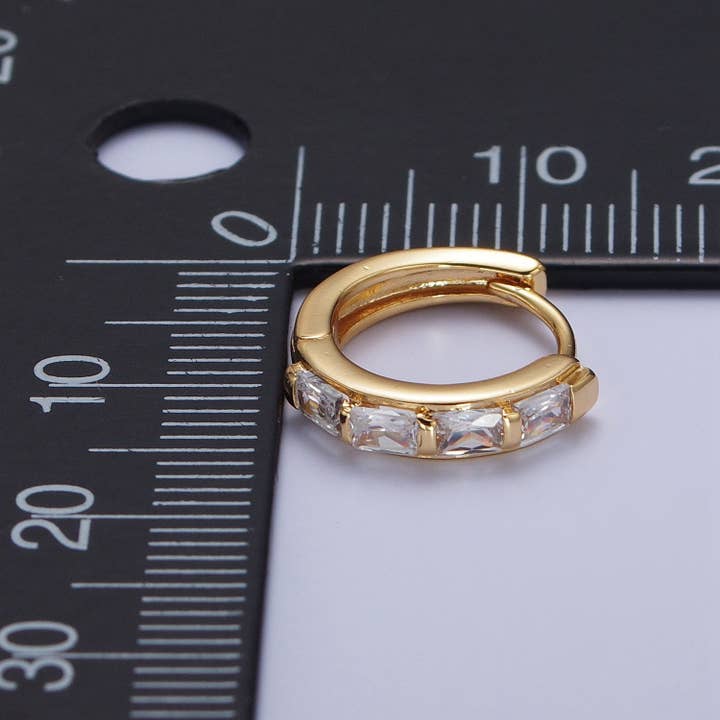 Aim Eternal - Wholesale Huggie Earrings - 16K Gold Filled Baguette Cubic Zirconia Lined 13x14mm Huggie Hoops Earrings | X8431