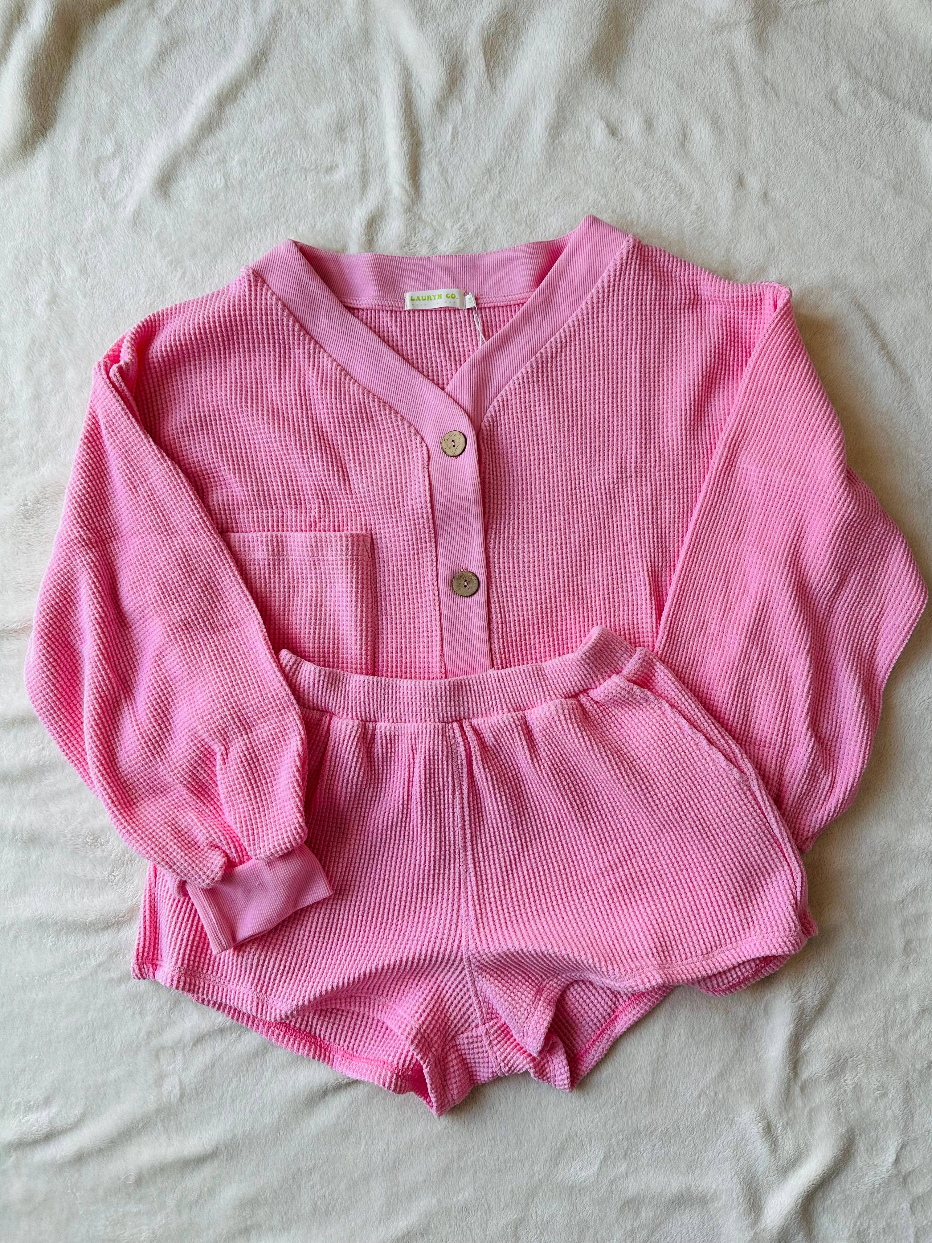 Lauryn Co – wholesale Lounge set – Women's – MAMA CARDI WAFFLE TOP + SHORTS SET (BARBIE PINK)5